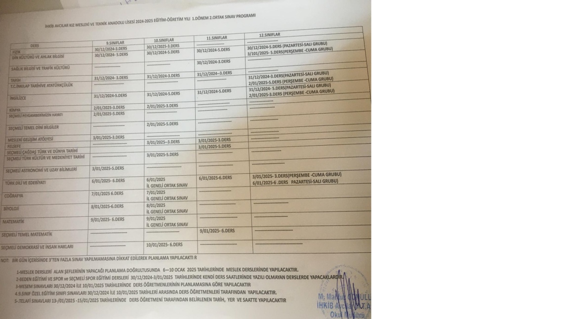 2024-2025 EĞİTİM ÖĞRETİM YILI 1.DÖNEM 2.YAZILI SINAV TARİHLERİ